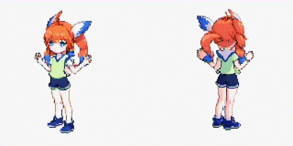 anime style, <lora:pokesprite:0.8>, firetype, <lora:Molly_MacCormack:0.8>, trainer, orange hair, Pokémon breeder, blue eyes, twintails, white background front