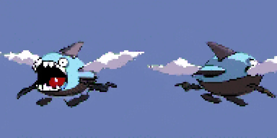 <lora:pokesprite:1>, ghosttype, flyingtype, massive airship, cartoon eyes, cartoon mouth, zombie, damaged, sky blue background front and back