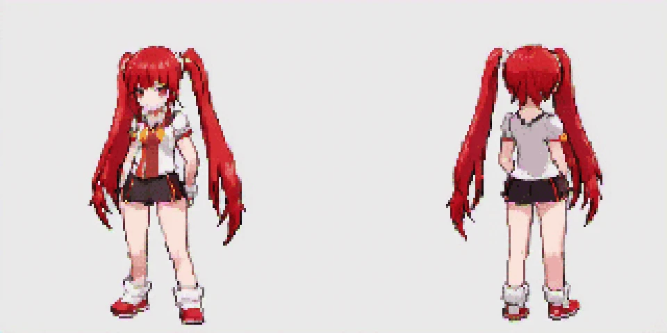 anime style, <lora:pokesprite:0.8>, firetype, <lora:Ami_Arakawa:0.8>, trainer, red hair, red eyes, twintails, white background front