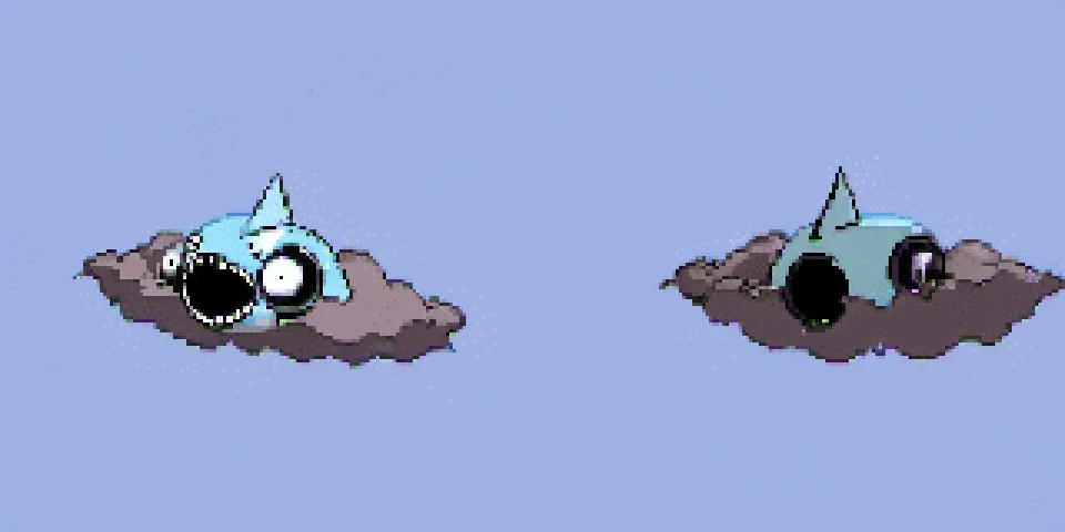 <lora:pokesprite:1>, ghosttype, flyingtype, zeppelin, cartoon eyes, cartoon mouth, zombie, damaged, sky blue background front and back