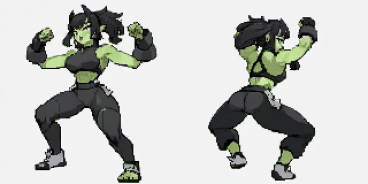 <lora:pokesprite:0.8>, trainer, full body, <lora:femaleorcv1:1> female orc. fangs. green skin. fightingtype, white background front and back