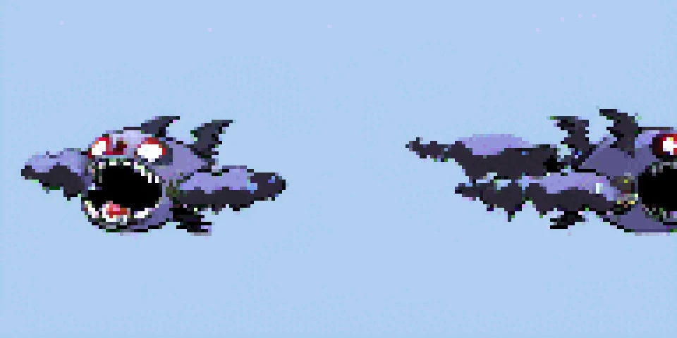 <lora:pokesprite:1>, ghosttype, flyingtype, massive airship, cartoon eyes, cartoon mouth, zombie, damaged, sky blue background front and back