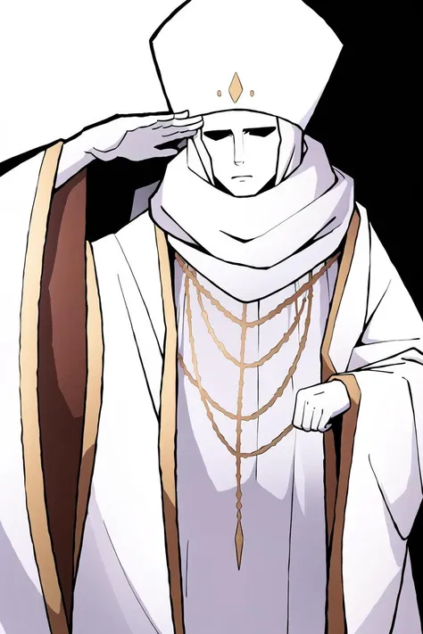 <lora:Nameless Priest-000015:1>, nameless priest, solo, simple background, 1boy, jewelry, male focus, wide sleeves, necklace, black background, robe, white robe, salute, upper body