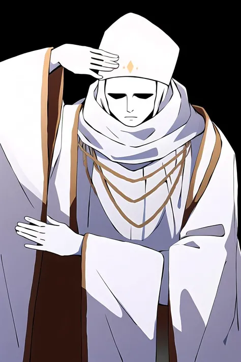 <lora:Nameless Priest-000015:1>, nameless priest, solo, simple background, 1boy, jewelry, male focus, wide sleeves, necklace, black background, robe, white robe, salute, upper body