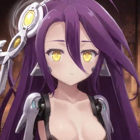 <lora:shuva-no-game:1>, 1girl, shuva,  no game no life., purple hair, yellow eyes,(masterpiece, best quality), medium breasts, jumpsuit,  cyborg,  (beautiful detailed eyes:1.6), extremely detailed face, perfect lighting, extremely detailed CG, (perfect anatomy)