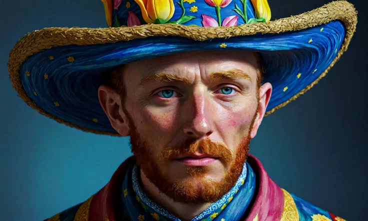 artstation vincent van gogh, elaborate floral hat, vincent van gogh, tulip-inspired attire, gammon-like anthro design, mythical creature, mystical aura enhancement, anthropomorphic gammon, adorned with intricate patterns and vibrant colors reminiscent of his famous 'starry night' style, elaborate floral hat design, showcasing a mythical gammon-like anthropomorphic creature