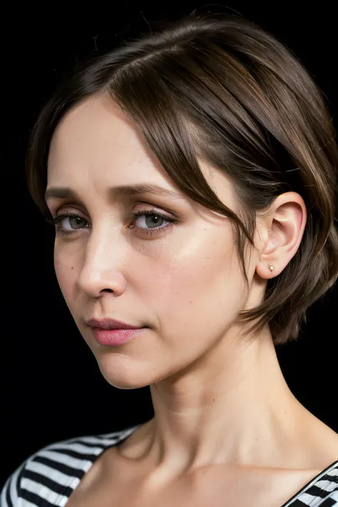 photoshoot of veraFarm1, (dark hair), (pixie cut), , detailed skin texture, (blush:0.2), (goosebumps:0.3), (striped shirt), subsurface scattering, Photorealistic, Hyperrealistic, Hyperdetailed, analog style, hip cocked, demure, detailed skin, matte skin, soft lighting, subsurface scattering, realistic, heavy shadow, masterpiece, best quality, ultra realistic, 8k, golden ratio, Intricate, High Detail, film photography, soft focus