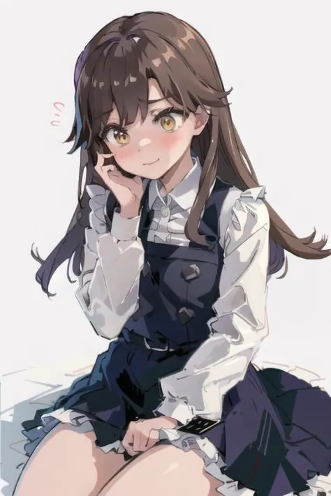 (masterpiece, best quality:1.2), illustration, 1girl, solo, arashio kai ni, brown hair, pinafore dress, frilled dress, white shirt, long sleeves, pantyhose, <lora:kancolle_arashiokaini-10:0.7>, indoor, blush, full-face blush, (embarrassed), looking away, knees together, nervous smile, nervous, looking down, facial close-up, close-up, (pov:1.2), <lora:ArsEmbarrassed-mine-locon-000030:0.7>, soft lighting, (simple white background), (sitting),  (closed mouth),