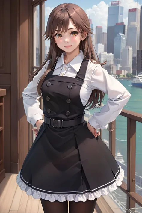 (masterpiece, best quality:1.2), <lyco:kancolle_arashiokaini-10:0.8>, cowboy shot, solo, 1girl, arashio kai ni, smile, looking at viewer, hands on hips, pinafore dress, frilled dress, shirt, long sleeves, pantyhose