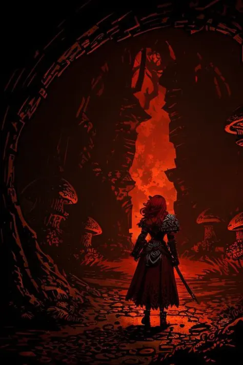 (darkest dungeon), ddstyle, ((A woman with red hair)), glowing mushrooms, intricate, highly detailed, atmospheric background, dust, fog, (bokeh:1.3),(god rays:1.3)<lora:DarkestDungeonV1.1-000027:0.5>