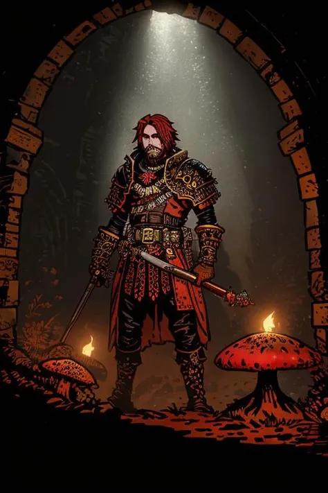 (darkest dungeon), ddstyle, (A portrait of a man with red hair), glowing mushrooms, intricate, highly detailed, atmospheric background, dust, fog, (bokeh:1.3),(god rays:1.3)<lora:DarkestDungeonV1.1:0.4>