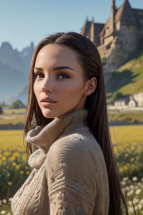 photo of S101_MartaBorkowska, a elegant woman, on a (plowed field:1.2), wearing a (cowl-neck-sweater), (flowering-landscape), (8k, RAW photo, best quality, depth of field, ultra high res:1.2), (absurdres, intricate, photorealistic, masterpiece, ultra-detailed, Unreal Engine:1.3)