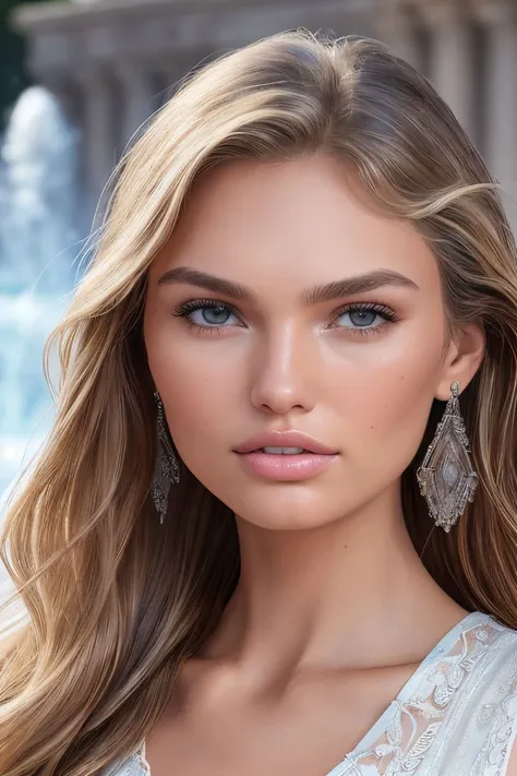 closeup headshot of S182_RomeeStrijd,an attractive woman,in front of a (fountain:1.1),wearing a (blouse:1.2),(8k, RAW photo, best quality, depth of field, ultra high res:1.2),(absurdres, intricate, photorealistic, masterpiece, ultra-detailed:1.3),