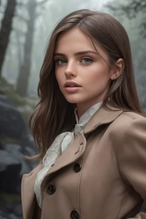 photo of S151_ViktoriaTisshko, a stunning woman, in a (rocky-forest:1.2), wearing a (coat:1.2), (rainstorm:1.1), (8k, RAW photo, best quality, depth of field, ultra high res:1.2), (absurdres, intricate, photorealistic, masterpiece, ultra-detailed:1.3)