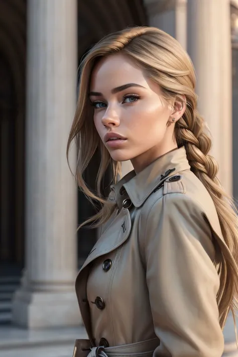 photo of S103_IlonaArsentieva, a stylish woman, in a (plaza), wearing a (trench-coat:1.1), braid, (8k, RAW photo, best quality, depth of field, ultra high res:1.2), (absurdres, intricate, photorealistic, masterpiece, ultra-detailed, Unreal Engine:1.3)