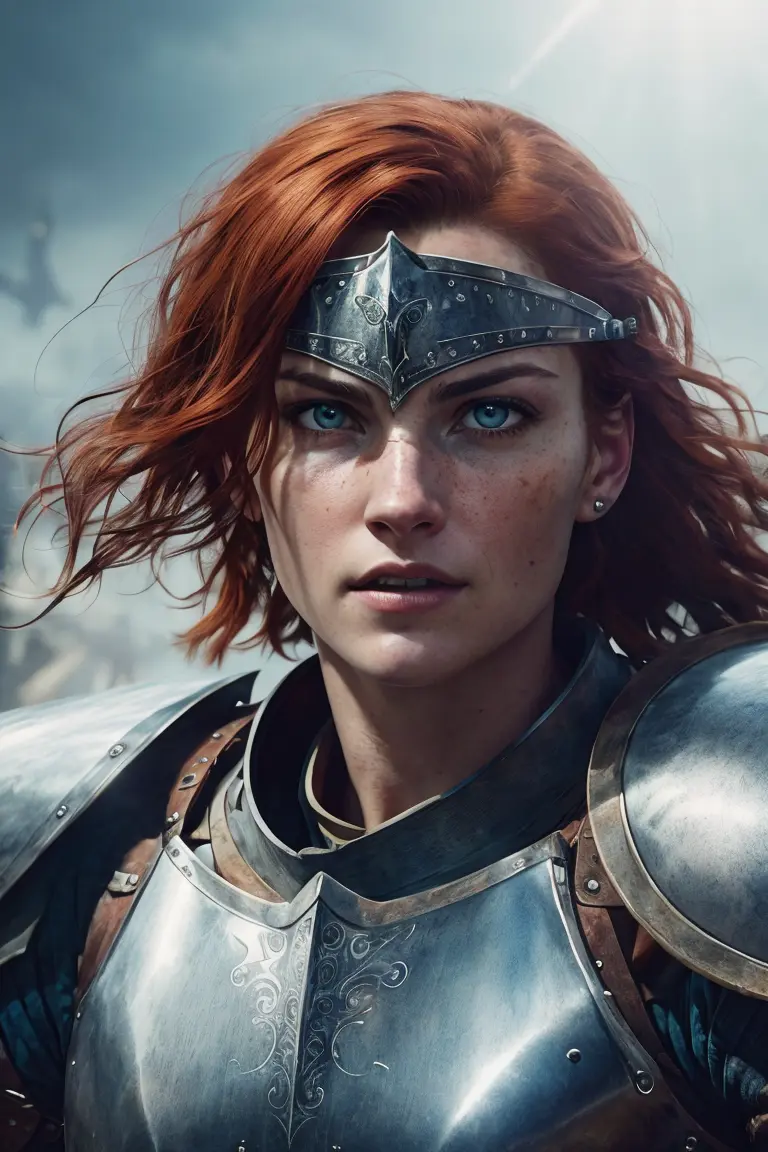 Hyper-realistic, powerful portrait of a (valiant) female knight, with (short, fiery red) hair, detailed (fierce, piercing blue) eyes, and a detailed, determined face, (representing her unyielding spirit), wearing a (gleaming, steel plate armor adorned with intricate engravings), set against a backdrop of a (bustling, medieval battlefield), realistic, hyper realistic, highly detailed, depth of field, Detailed and Intricate, Photo, HD, Cinematic, Dynamic Lighting, (bokeh), ((dauntless)), lens flare, (god rays:1.1), (cinema effect)
, ((detailed face and eyes)), <lora:epiNoiseoffset_v2:0.66>