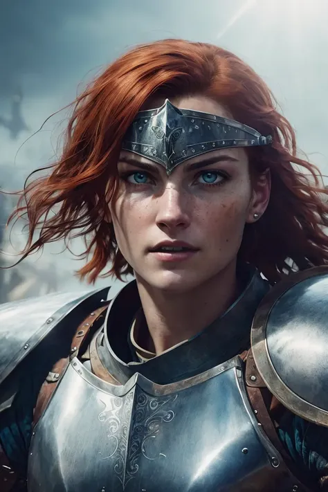 Hyper-realistic, powerful portrait of a (valiant) female knight, with (short, fiery red) hair, detailed (fierce, piercing blue) eyes, and a detailed, determined face, (representing her unyielding spirit), wearing a (gleaming, steel plate armor adorned with intricate engravings), set against a backdrop of a (bustling, medieval battlefield), realistic, hyper realistic, highly detailed, depth of field, Detailed and Intricate, Photo, HD, Cinematic, Dynamic Lighting, (bokeh), ((dauntless)), lens flare, (god rays:1.1), (cinema effect)
, ((detailed face and eyes)),  <lora:epiNoiseoffset_v2:0.66>