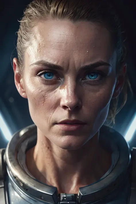 Hyper-realistic, dramatic, and cinematic portrait of a (determined) woman, with (short, tousled brunette) hair, detailed (intense, steel blue) eyes, and a detailed, resolute face, (capturing the essence of her courage and resolve in the face of danger), reminiscent of a still from the classic movie "Alien," showcasing intricate skin texture, (sweat glistening on her forehead and a clenched jaw), and strong features, (including the sharp contour of her cheekbones and the furrowed brow), (wearing a utilitarian, worn space suit with an atmospheric, dimly lit spaceship interior in the background), realistic, hyper realistic, highly detailed, depth of field, Detailed and Intricate, Photo, HD, Cinematic, Dynamic Lighting, (bokeh), ((captivating)), lens flare, (god rays:1.1), (cinema effect)

, ((detailed face and eyes)),  <lora:epiNoiseoffset_v2:0.66>