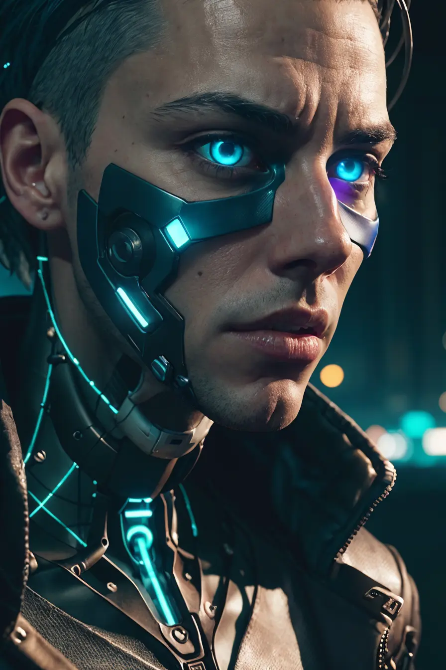 Hyper-realistic close up portrait of a (cyberpunk man), ((male)), (bronze) skin, detailed (one striking blue human eye and one cybernetic glowing eye), rugged, adaptive, (half human face, half cybernetic enhancements seamlessly integrated), (futuristic neon-lit cityscape reflecting in the cybernetic eye), with a detailed enigmatic face, full body, (fashionable and functional cyberpunk attire), regal, elegant, realistic, hyper realistic, highly detailed, depth of field, Detailed and Intricate, Photo, HD, Cinematic, Dynamic Lighting, (bokeh), ((beautiful)), lens flare, (god rays:1.1), (cinema effect), gradient colour progression, cinematic film grain, (subsurface scattering)
,((detailed face and eyes)), (detailed iris:1.3)<lora:epiNoiseoffset_v2:1>