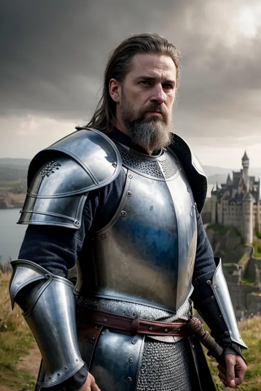 photorealistic, top quality, masterpiece, cinematic composition, slow motion, (medium shot of a medieval knight, sombre and weathered face, beard, grey hair:1.2), chain mail and plate armour, (realistic and detailed|intricate armour:1.1), (visible face:1.3), (photorealistic physiognomy|eyes|iris|skin|musculature, detailed skin, skin texture, natural skin), (holding a sword in his hand:1. 2), frontal perspective, imposing and determined pose, looking forward with determination, skin imperfections, natural skin wrinkles, natural skin spots, highly detailed clothes, abundant details, intricate details, realistic wrinkles in clothing, medieval fantasy landscape, cloudy sky, castle in the background in the distance, radiant lighting, deep shadows, dramatic scene, dark and cool colour palette, blue and grey tones, No other characters in the scene, abundant detail|intricate, detailed landscape, volumetric lighting, (detailed lighting), (detailed light reflections on armour:1. 1), 8k, highly detailed, UHD, HDR, photorealistic facial expression|hairstyle