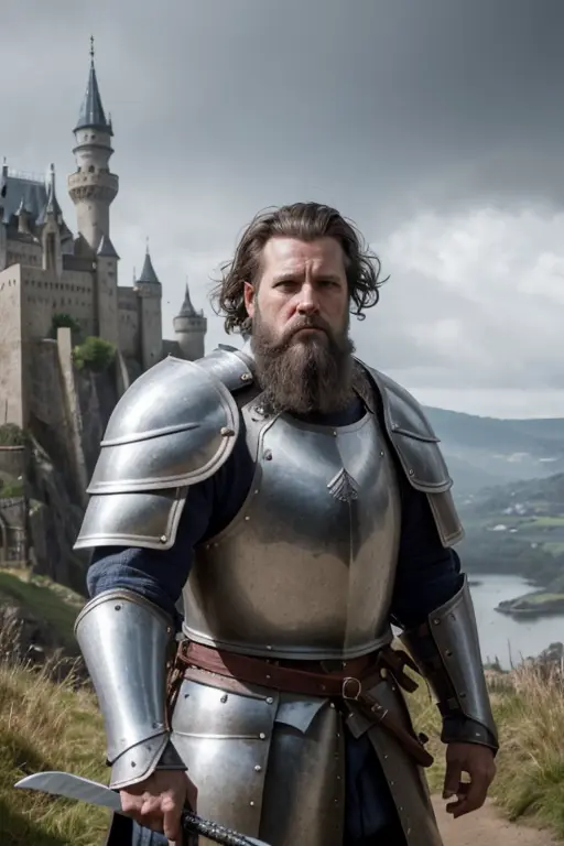 photorealistic, top quality, masterpiece, cinematic composition, slow motion, (medium shot of a medieval knight, sombre and weathered face, beard, grey hair:1.2), chain mail and plate armour, (realistic and detailed|intricate armour:1.1), (visible face:1.3), (photorealistic physiognomy|eyes|iris|skin|musculature, detailed skin, skin texture, natural skin), (holding a sword in his hand:1. 2), frontal perspective, imposing and determined pose, looking forward with determination, skin imperfections, natural skin wrinkles, natural skin spots, highly detailed clothes, abundant details, intricate details, realistic wrinkles in clothing, medieval fantasy landscape, cloudy sky, castle in the background in the distance, radiant lighting, deep shadows, dramatic scene, dark and cool colour palette, blue and grey tones, No other characters in the scene, abundant detail|intricate, detailed landscape, volumetric lighting, (detailed lighting), (detailed light reflections on armour:1. 1), 8k, highly detailed, UHD, HDR, photorealistic facial expression|hairstyle