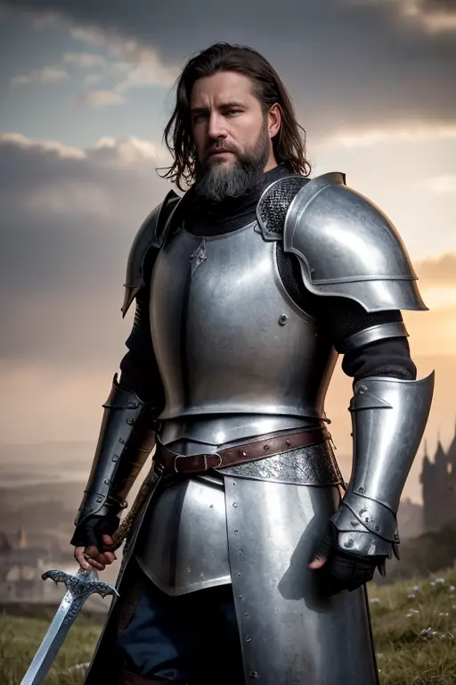 photorealistic, top quality, masterpiece, cinematic composition, slow motion, (medium shot of a medieval knight, sombre and weathered face, beard, grey hair:1.2), chain mail and plate armour, (realistic and detailed|intricate armour:1.1), (visible face:1.3), (photorealistic physiognomy|eyes|iris|skin|musculature, detailed skin, skin texture, natural skin), (holding a sword in his hand:1. 2), frontal perspective, imposing and determined pose, looking forward with determination, skin imperfections, natural skin wrinkles, natural skin spots, highly detailed clothes, abundant details, intricate details, realistic wrinkles in clothing, medieval fantasy landscape, cloudy sky, castle in the background in the distance, radiant lighting, deep shadows, dramatic scene, dark and cool colour palette, blue and grey tones, No other characters in the scene, abundant detail|intricate, detailed landscape, volumetric lighting, (detailed lighting), (detailed light reflections on armour:1. 1), 8k, highly detailed, UHD, HDR, photorealistic facial expression|hairstyle