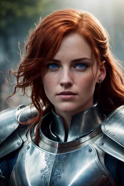 Hyper-realistic, powerful portrait of a (valiant) female knight, with (short, fiery red) hair, detailed (fierce, piercing blue) eyes, and a detailed, determined face, (representing her unyielding spirit), wearing a (gleaming, steel plate armor adorned with intricate engravings), set against a backdrop of a (bustling, medieval battlefield), realistic, hyper realistic, highly detailed, depth of field, Detailed and Intricate, Photo, HD, Cinematic, Dynamic Lighting, (bokeh), ((dauntless)), lens flare, (god rays:1.1), (cinema effect)
, ((detailed face and eyes)),   <lora:epi_noiseoffset2:0.66>