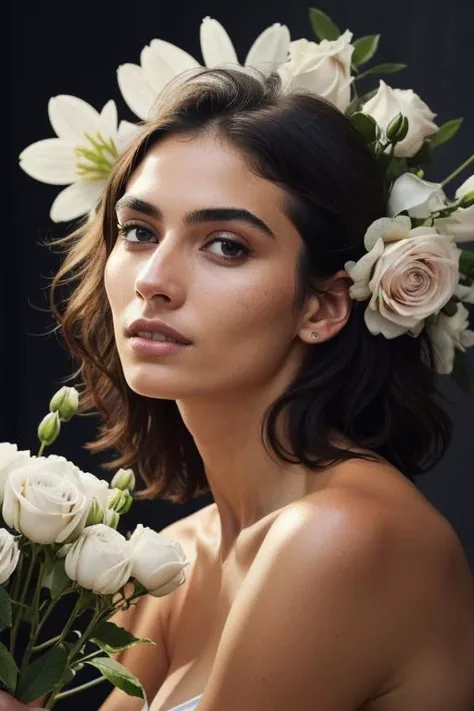 person in a cage holding a bouquet of flowers, confident, (balance photo, Contrasty Light, Sony a6600 Mirrorless Camera, ƒ/1.4, ISO 1600, 85mm - 135mm, Even-toned skin, ambrotype, futurism), skin pores, skin imperfections, highly detailed hair, sharp body, highly detailed body, highly detailed skin, highly detailed face, sharp focus, insanely detailed, intricate, masterpiece, highest quality