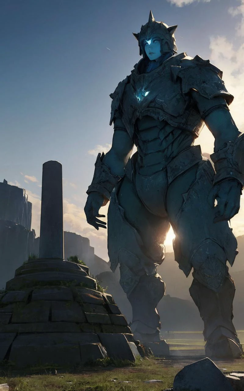 (perfect lighting:1.2),(dynamic photoshoot pose:1.2), (Layered Depth, Parallax Effect, Soft focus foreground,sharp 3d render:1.3),(high quality:1.4),(best quality:1.4),(masterpiece:1.4),official art,official wallpaper,surreal,(detailed landscape:1.1),(whimsical atmosphere:1.1),(powerful energy:1.1),vibrant colors,(detailed:1.05),(extremely detailed:1.06),sharp focus,(intricate:1.03),cinematic lighting,(extremely intricate:1.04),(adorned:1.09), (clothed, masterpiece, wide angle, cinematic establishing shot, young adult european woman, highly detailed background:1.2), volumetric lighting, subsurface scattering, dynamic pose, (special effects, color grading, fantasy aura), (Stone Golem:1.4), Amidst ancient ruins, rough texture contrast, imposing size