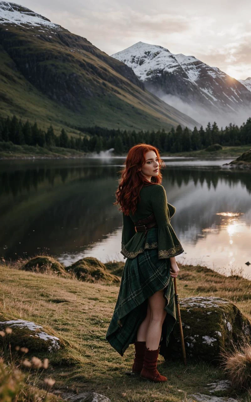 (perfect lighting:1.2),(dynamic photoshoot pose:1.2), (Layered Depth, Parallax Effect, Soft focus foreground,sharp 3d render:1.3),(high quality:1.4),(best quality:1.4),(masterpiece:1.4),official art,official wallpaper,surreal,(detailed landscape:1.1),(whimsical atmosphere:1.1),(powerful energy:1.1),vibrant colors,(detailed:1.05),(extremely detailed:1.06),sharp focus,(intricate:1.03),cinematic lighting,(extremely intricate:1.04),(adorned:1.09), wide angle full body photo of cute gorgeous thing fashion model young woman, outdoor Scottish highlands, vivid sunset hues, fantasy setting. A striking redhead woman, (distinctly Scottish), wearing an elaborate elven inspired gown is a fusion of deep emerald green and earthy browns, with intricate Celtic knotwork embroidery in gold thread, Flowing sleeves, a fitted bodice+, short skirt , fiery red hair is styled in a cascade of loose curls, green eye, stands atop a grassy knoll, overlooking a misty loch. In her hands, she holds an ancient, rune carved staff, emanating a soft, other worldly glow.,