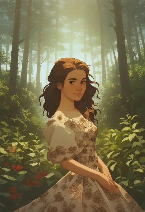 score_9, score_8_up, score_7_up, source_anime, rating_safe, 1girl, beautiful woman, detailed face, floral dress,  (Andrew Wyeth style:0.8), forest,  warm,  sun light, scenery,