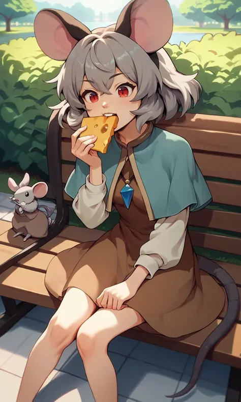 score_9, score_8_up, score_8, score_9, 1 girl,  source_anime, nazrin, mouse ears, mouse tail, grey hair, capelet, brown dress, white sleeves, red eyes, [pendant], <lora:nazrin_pony-10:1.0>, cheese, eating, sitting, park, bench,  <lora:butterchalk_style_pony6_v3:0.8>, open mouth, taking a big bite