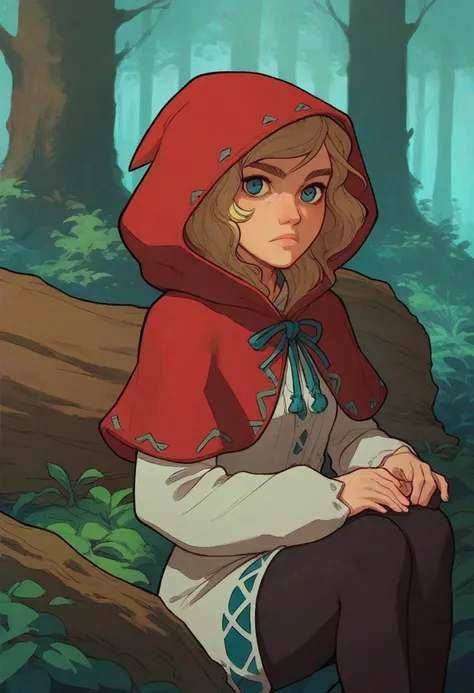 score_9, score_8_up, score_7_up, solo, 1girl, expressionless, looking at viewer, sitting, log, blonde hair, blue eyes, hooded capelet, red hood, white tunic, long sleeves, black leggings, forest