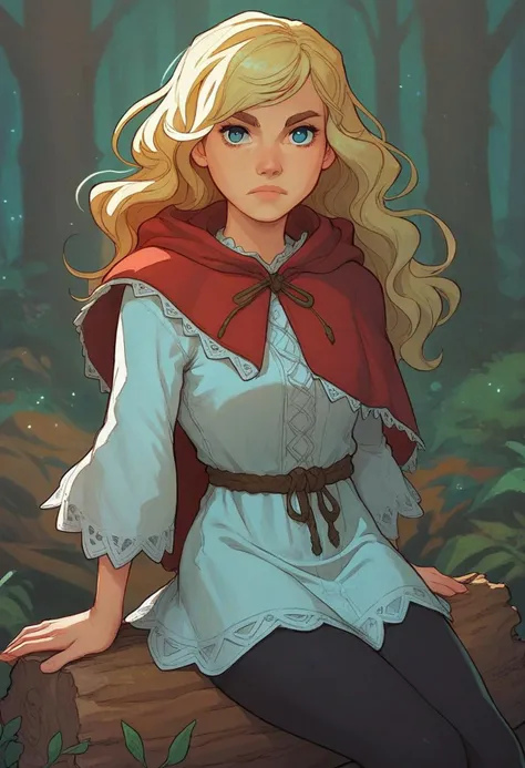 score_9, score_8_up, score_7_up, solo, 1girl, expressionless, looking at viewer, sitting, log, blonde hair, blue eyes, hooded capelet, red hood, white tunic, long sleeves, black leggings, forest