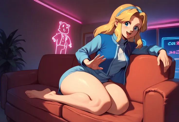 maria robotnik, thick thighs, neon lights, couch, living room, happy, 1girl, solo, barefoot, BREAK score_9, score_8_up, score_7_up, source_anime, lap pillow invitation