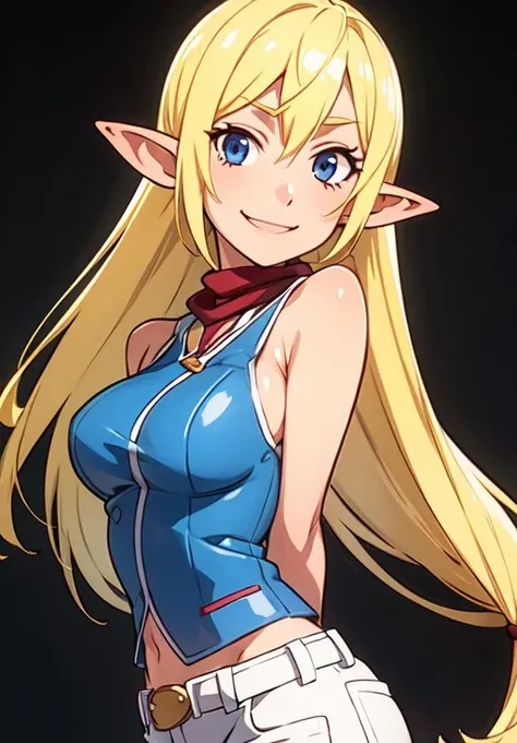 ((tanned elf girl))), (((best quality))), (((highres:1.1))), (((purple eyes))), (((long blonde hair))), (((breasts:1.2))), (((solo))), (blue mantle bottomless:1.2)