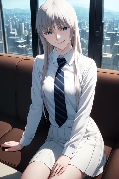 (masterpiece:1.2), (ultra-detailed:1.2), (perfect-composition:1.2), 8K, (photographical skin:1.2), (extremely detailed CG unity 8k wallpaper), (masterpiece), (best quality), (ultra-detailed), (best illustration), (best shadow), (absurdres), 1girl, solo, koko hekmatyar, pale skin, formal, white skirt, necktie, (closed mouth, smile:1.2), sitting, crossed legs, hands in lap, couch, window, cityscape, looking at viewer, <lora:koko:0.8> koko hekmatyar, solo, 1girl, smile, pale skin