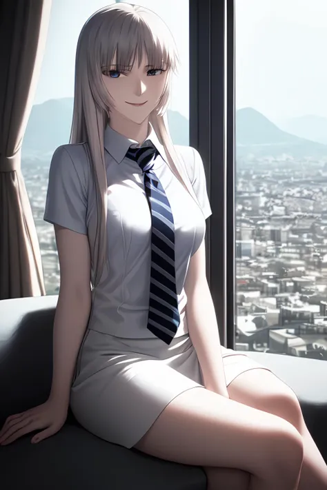 (masterpiece:1.2), (ultra-detailed:1.2), (perfect-composition:1.2), 8K, (photographical skin:1.2), (extremely detailed CG unity 8k wallpaper), (masterpiece), (best quality), (ultra-detailed), (best illustration), (best shadow), (absurdres), 1girl, solo, koko hekmatyar, pale skin, formal, white skirt, necktie, (closed mouth, smile:1.2), sitting, crossed legs, hands in lap, couch, window, cityscape, looking at viewer, <lora:koko:0.8> koko hekmatyar, solo, 1girl, smile, pale skin