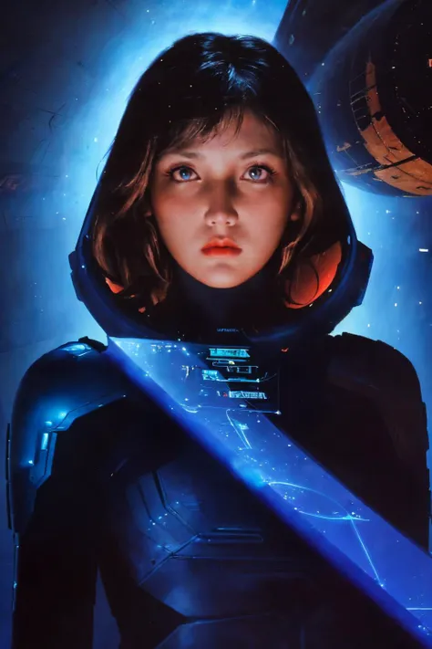 upper body portrait of 1 female, Drew Struzan, space ship, deck
futuristic, space opera, realistic, colorful, complex background,
cinematic lighting
(masterpiece, best quality:1.3), <lora:Retro SciFi v.5:0.8>