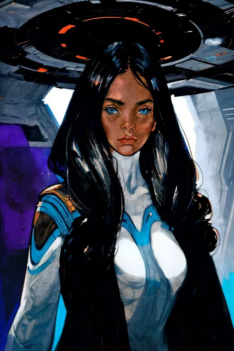 face portrait of 1 woman, solo, long hair, futuristic , coat
inside spaceship , captain bridge, crews
high contrast negative space
(masterpiece, best quality:1.3),
<lora:Retro SciFi v.5:0.8> <lora:add_detail:1>