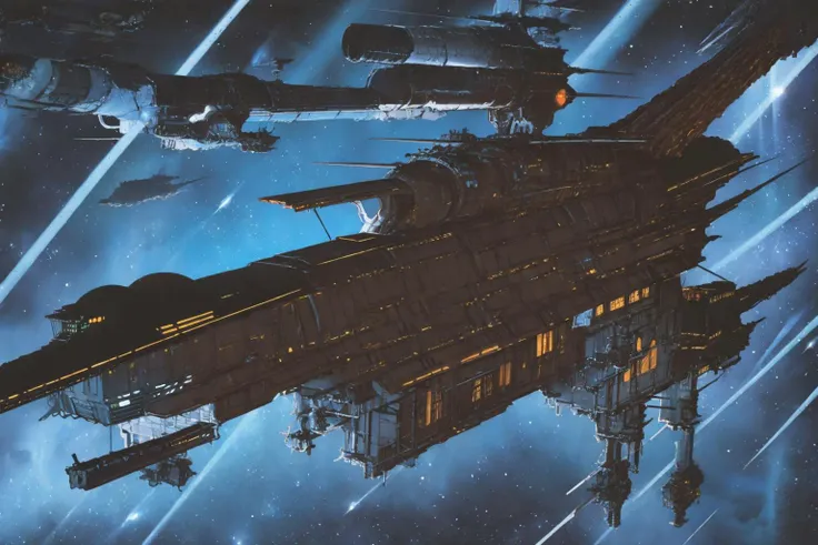 masterpiece, grimdark, retro sci-fi scenery, lens flare, nebula, stars, (in space, space), dark, ((panoramic,)) (derelict starship ((floating in space))), lifeless space hulk, dead spaceship, sci-fi, uhd, extremely detailed, 8k, intricate details, by Chris Foss, by John Berkey, by Jim Burns, no humans, <lora:Retro SciFi v.5:0.8>