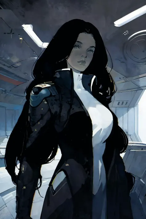 1 woman, solo, long hair, futuristic , coat ( by Alan Lee )
inside spaceship , captain bridge, crews
high contrast negative space
(masterpiece, best quality:1.3),
<lora:epiNoiseoffset_v2:1> <lora:Retro SciFi v.5:0.8>