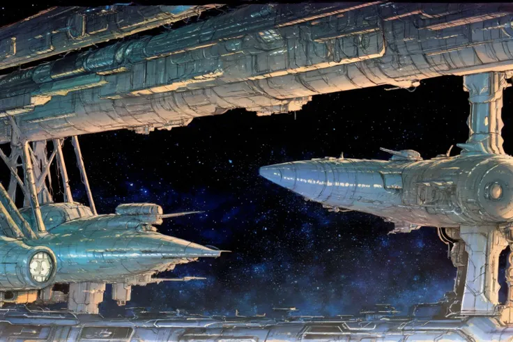 masterpiece, grimdark, retro sci-fi scenery, starscape, (in space, space), dark, ((panoramic,)) (derelict starship ((floating in space))), lifeless space hulk, dead spaceship, sci-fi, uhd, extremely detailed, 8k, intricate details, by Chris Foss, by John Berkey, by Jim Burns, no humans, <lora:Retro SciFi v.5:0.8>