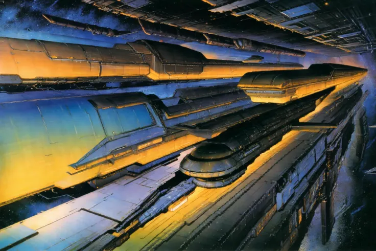 masterpiece, grimdark, retro sci-fi scenery, starscape, (in space, space), by Chris Foss, by John Berkey, by Jim Burns, no humans, <lora:Retro SciFi v.5:0.8>
