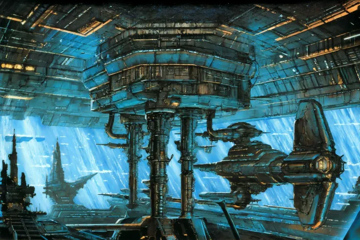 masterpiece, grimdark, retro sci-fi scenery, starscape, (in space, space), dark, ((panoramic,)) (derelict starship ((floating in space))), lifeless space hulk, dead spaceship, sci-fi, uhd, extremely detailed, 8k, intricate details, by Chris Foss, by John Berkey, by Jim Burns, no humans, <lora:Retro SciFi v.5:0.8>