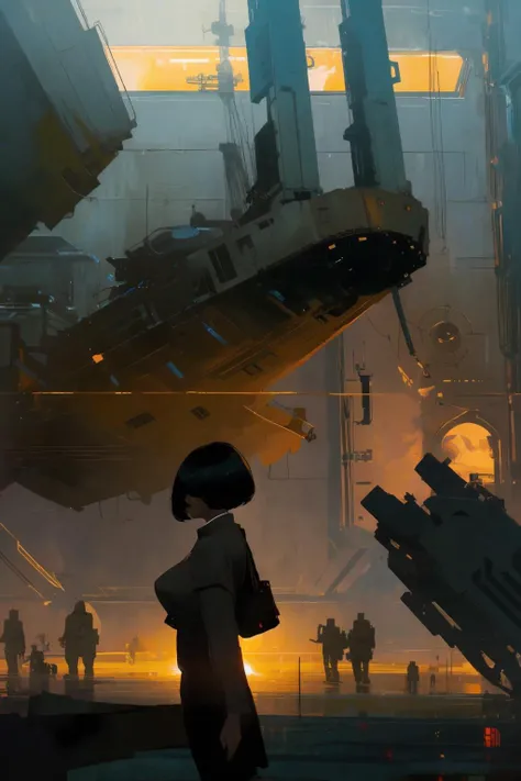 cinematic shot of 1 woman, bobcut 
 mechanical limbs,  
Andre Kohn
space ship, deck
cinematic lighting 
( best quality, masterpiece )
 <lora:Retro SciFi v.5:0.4>