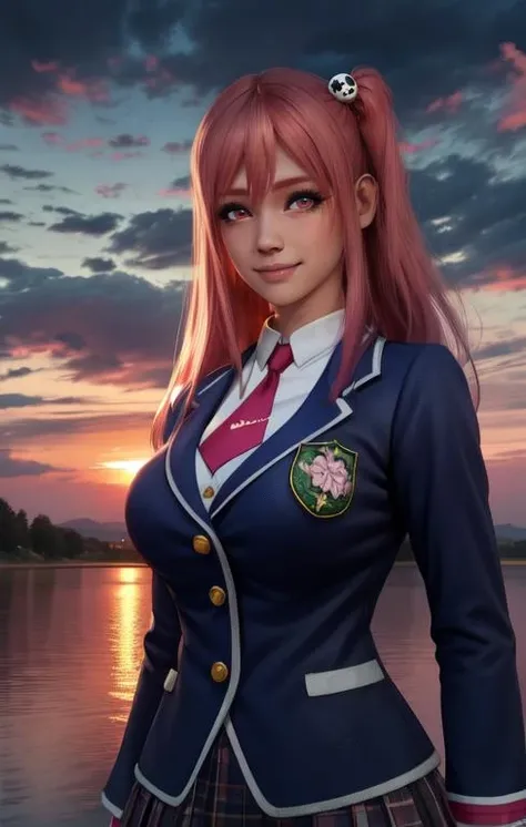 honoka,red eyes,pink hair, long hair, skull hair ornament, 
school uniform,single glove,red necktie,blazer, pleated skirt, 
standing,upper body,
blue sky,cloudy,dusk,looking at viewer,smile,
(insanely detailed, beautiful detailed face,beautiful detailed eyes, masterpiece, best quality),
 <lora:honoka-10v10:0.8>