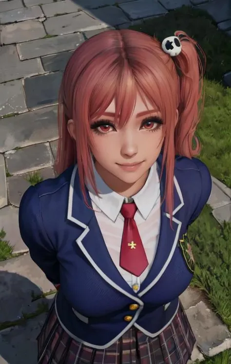 honoka,red eyes,pink hair, long hair, skull hair ornament,
school uniform,single glove,red necktie,blazer, pleated skirt,
standing,upper body, from above,
blue sky,cloudy,dusk,looking at viewer,smile,
(insanely detailed, beautiful detailed face,beautiful detailed eyes, masterpiece, best quality),
<lora:honoka-10v10:0.8>