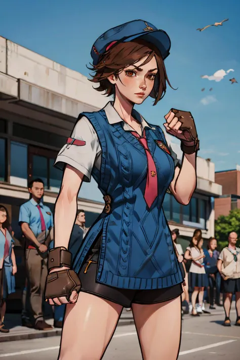 AsukaT8, brown eyes, short brown hair,blue hat, fingerless gloves, sweater vest, necktie, white collared shirt, rolled sleeves, shorts, looking at viewer, serious, fighting pose, fists, outside, school yard, crowd, blue sky, high quality, masterpiece <lora:asukaT8:.7>