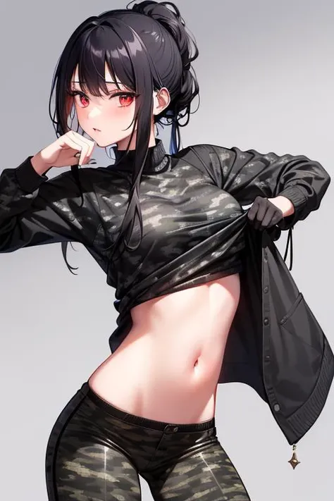 1 girl, black hair, red eyes, navel, looking at the audience, hands on hips, black jacket, dolphin shorts, groin, (white shirt: 1.2), braids, very long hair, wide hips,
Lower chest, shirt,
large \ (body proportions\),